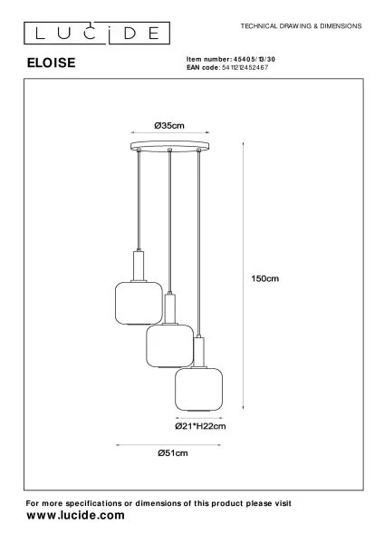 Lucide ELOISE - Suspension - Ø 40 cm - 3xE27 - Noir - TECHNISCH